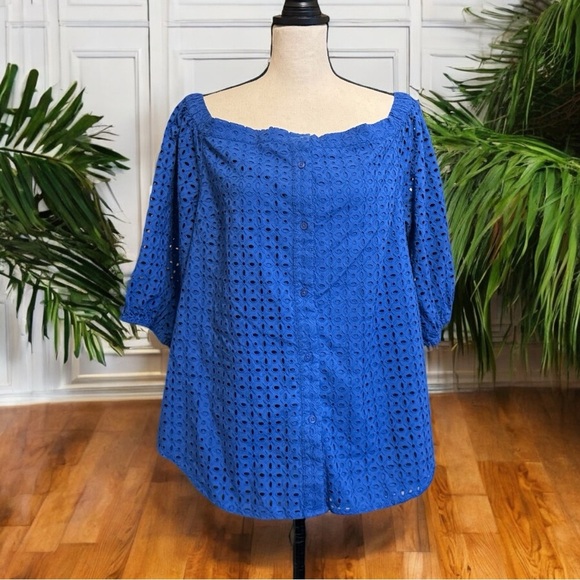 NWT Lauren Ralph Lauren Blue Eyelet Off-Shoulder Blouse - Size L - Picture 2 of 16
